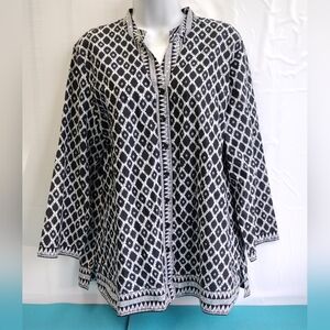 JM Collections 3/4 Sleeve Button Down Shirt with Sequins Black White Size 16